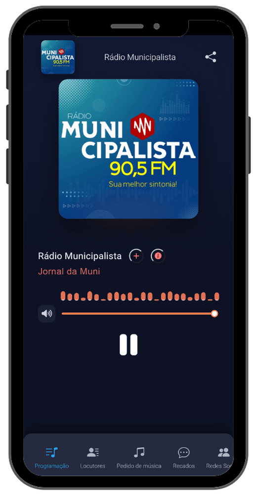 Tela do aplicativo da Rádio Municipalista aberta em um celular